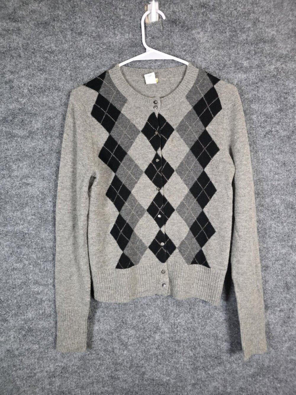 J.Crew Sweater Womens M Gray 100% Cashmere Argyle Button Cardigan Stains Knit